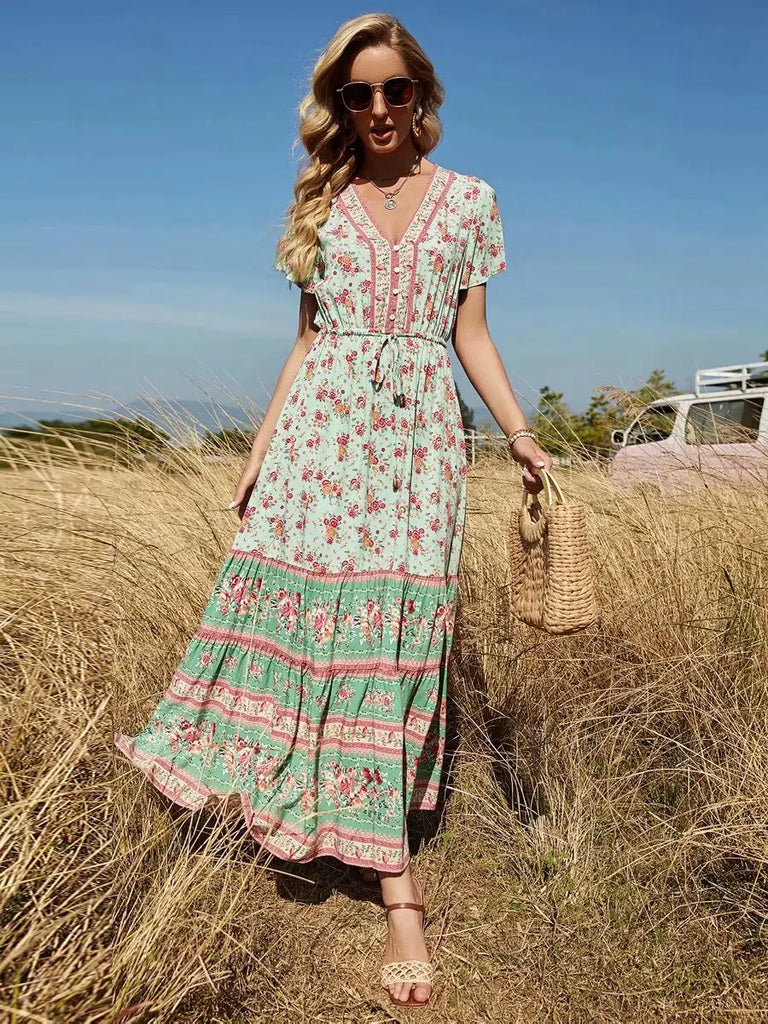 Mint Rosebud Boho Floral Print Maxi Dress Queen Boheme