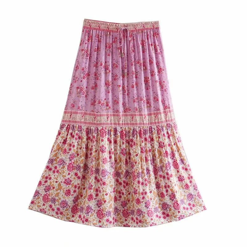 Pink Rosebud Boho Floral Print Midi Skirt