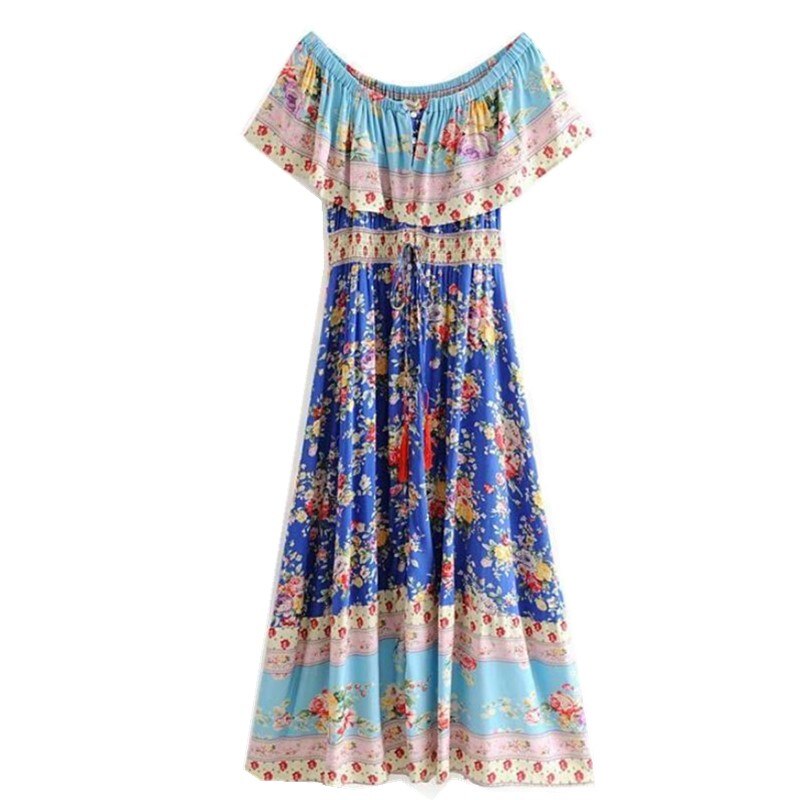 Blissful Blue Boho Floral Print Maxi Dress