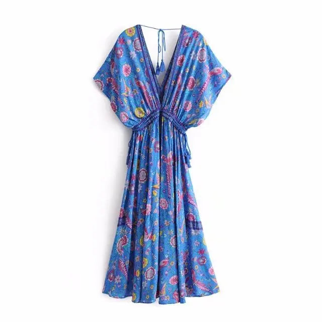 Sapphire Songbird Boho Floral Print Midi Dress