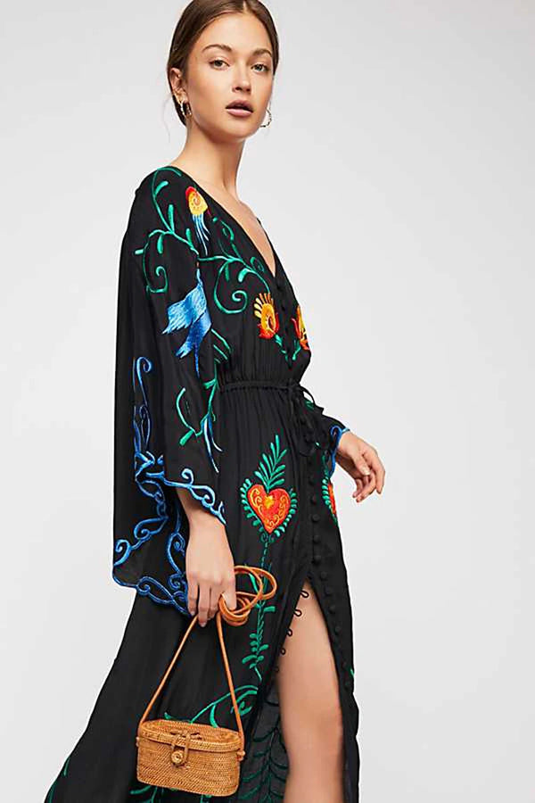 Black Heart Floral Embroidered Maxi Dress