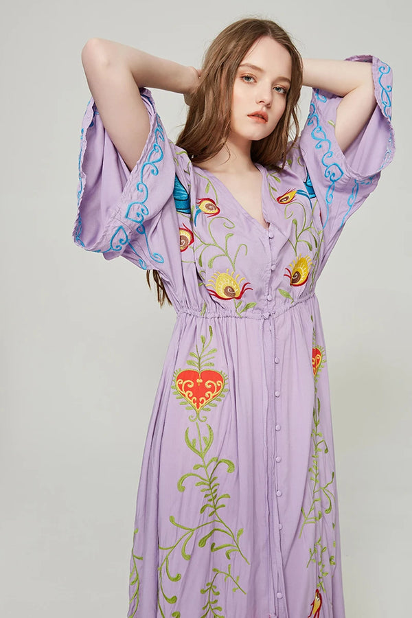 Lavender Heart Floral Embroidered Maxi Dress