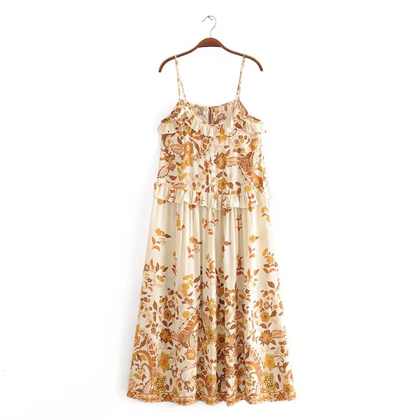 Golden Bloom Boho Floral Print Midi Dress
