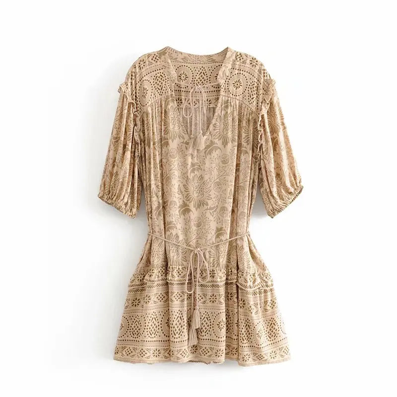 Desert Khaki Boho Floral Print Mini Dress Beige / L