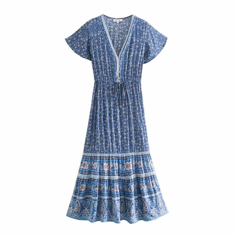 Meadowland Boho Floral Print Midi Dress Blue / L