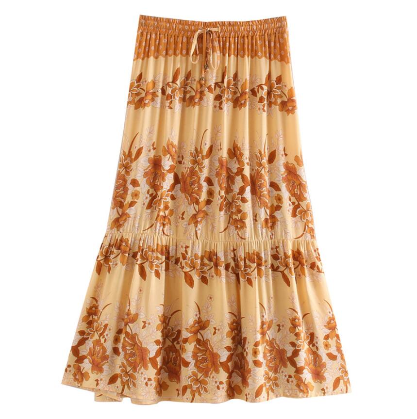 Gold Lovebird Boho Floral Print Midi Skirt