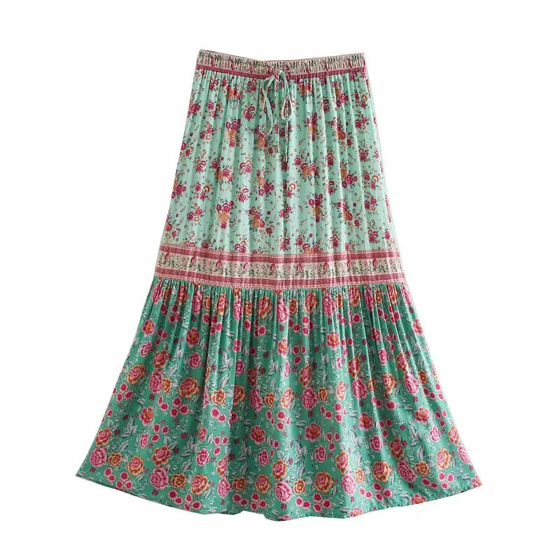 Mint Rosebud Boho Floral Print Midi Skirt