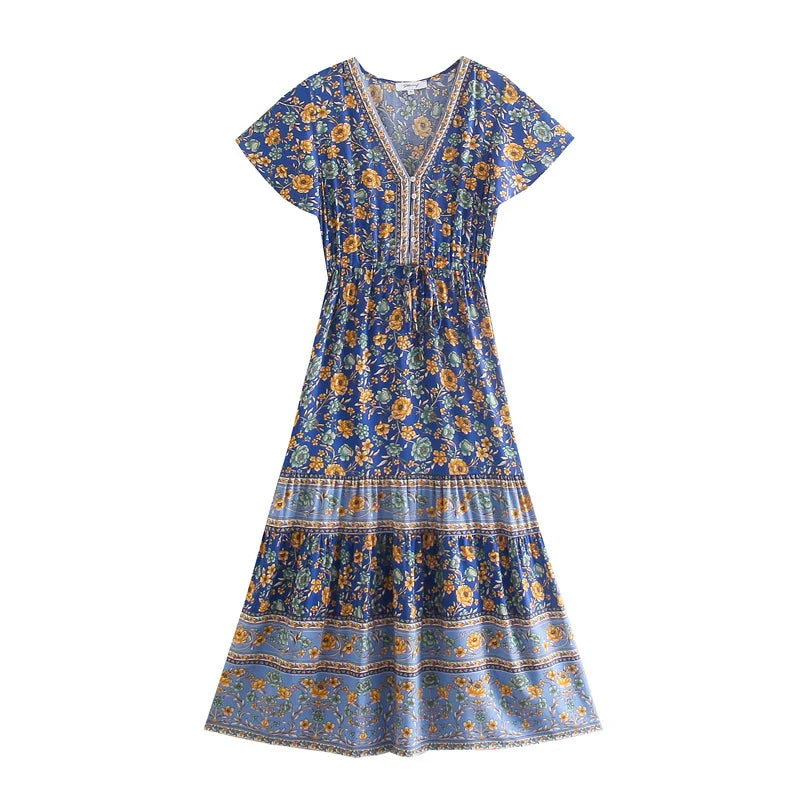 Sapphire Meadow Boho Floral Print Midi Dress