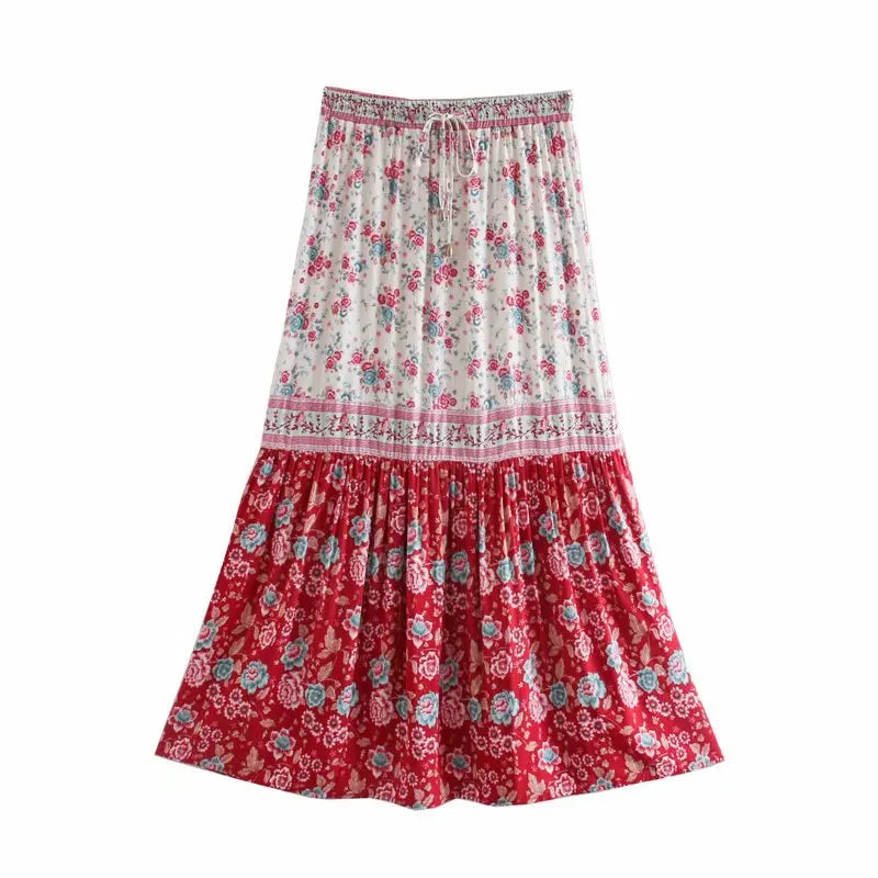 Red Rosebud Boho Floral Print Midi Skirt