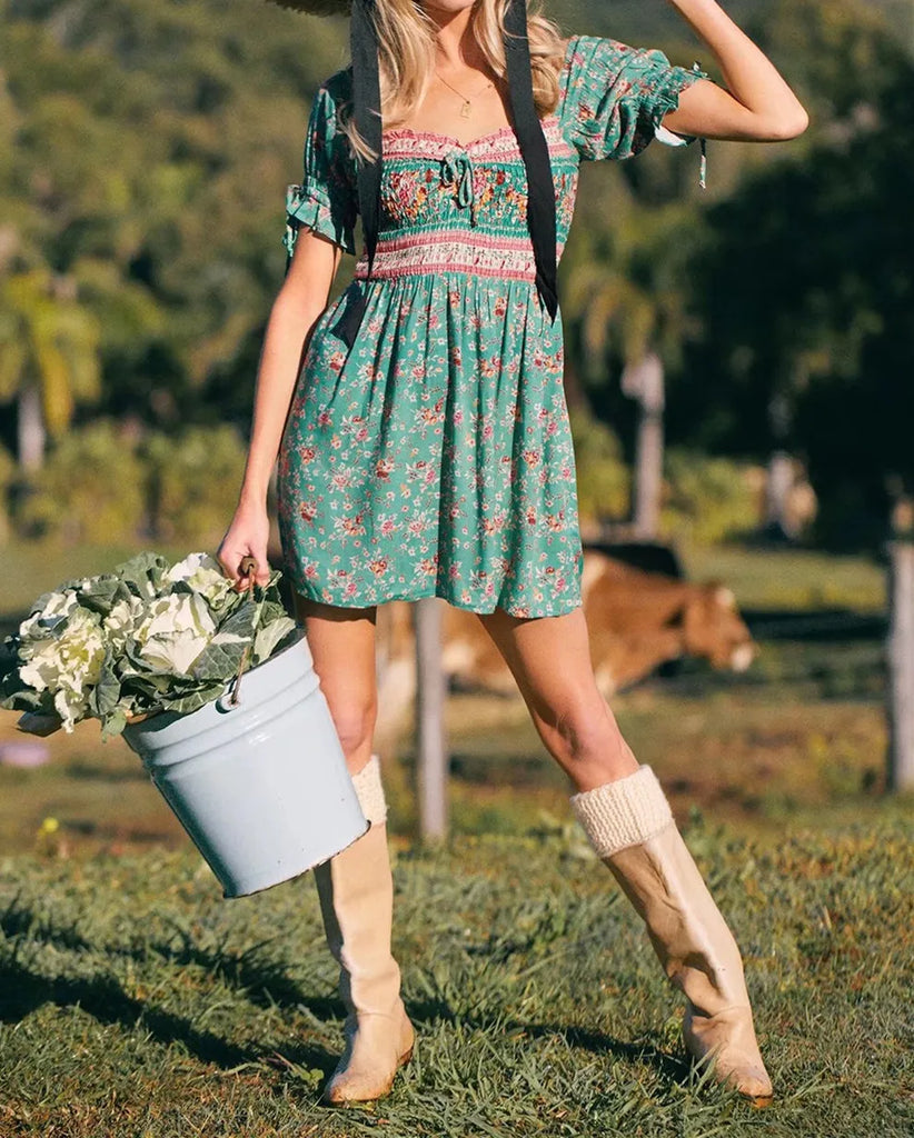 Green Floral Fantasy Boho Floral Print Mini Dress – Queen Boheme