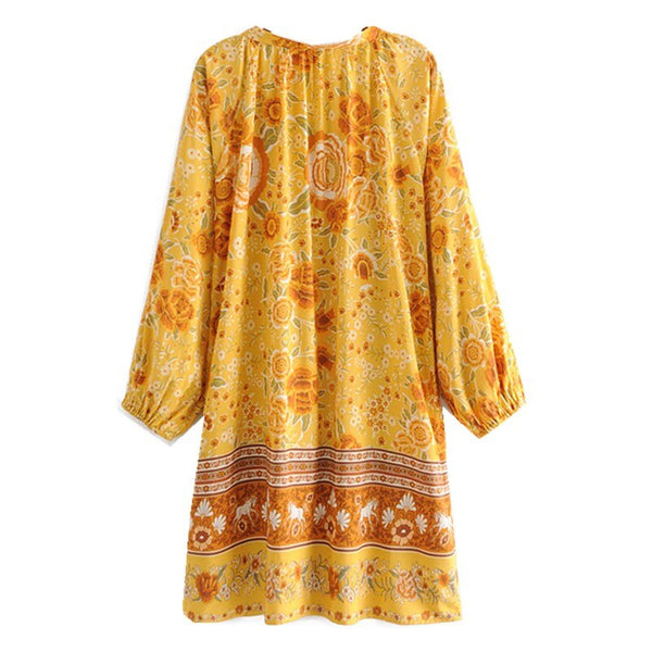 Golden Marigold Boho Floral Print Long Sleeve Mini Dress