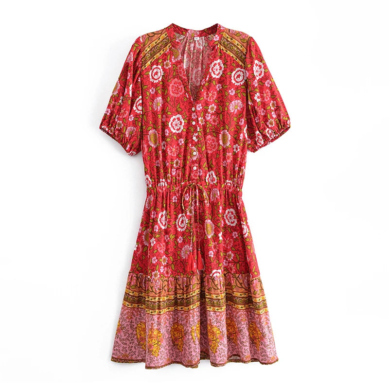 strawberry print midi dress Strawberry Rose Boho Floral Print Midi Dress Red / S
