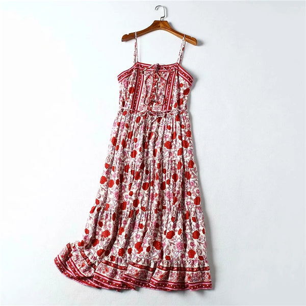 Rose Charm Boho Floral Print Midi Dress
