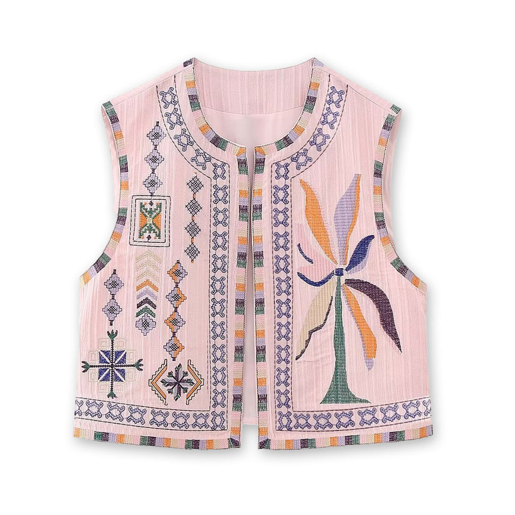 Pink Boho Floral Embroidered Vest