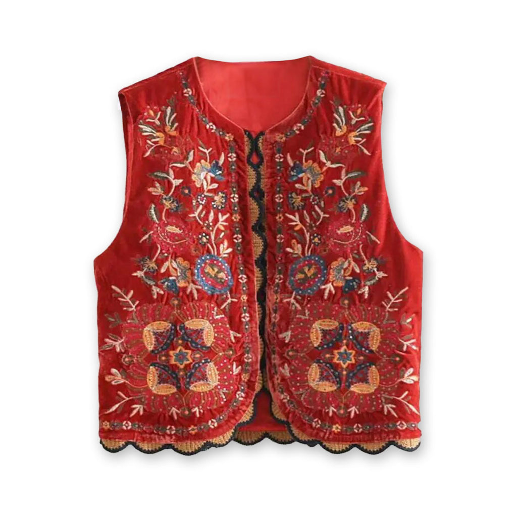 Red Boho Floral Embroidered Vest