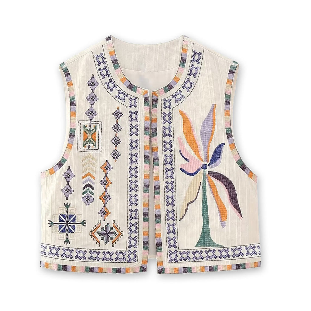 Beige Boho Floral Embroidered Vest
