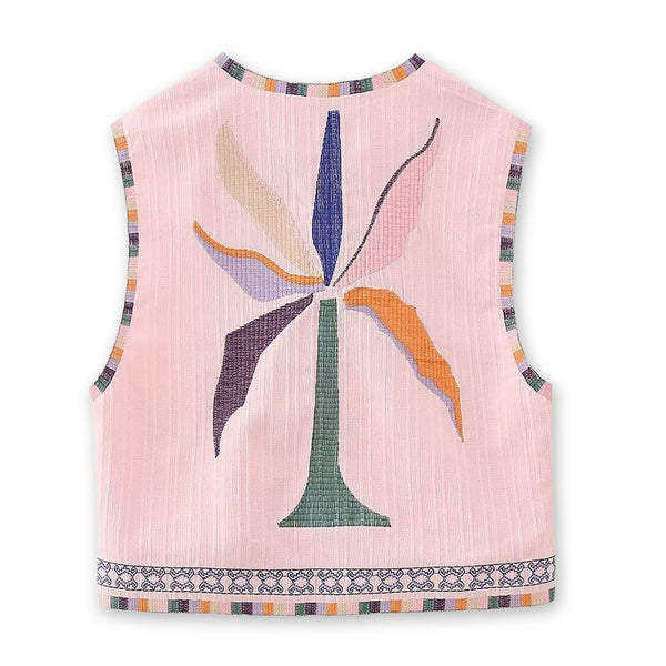 Pink Boho Floral Embroidered Vest