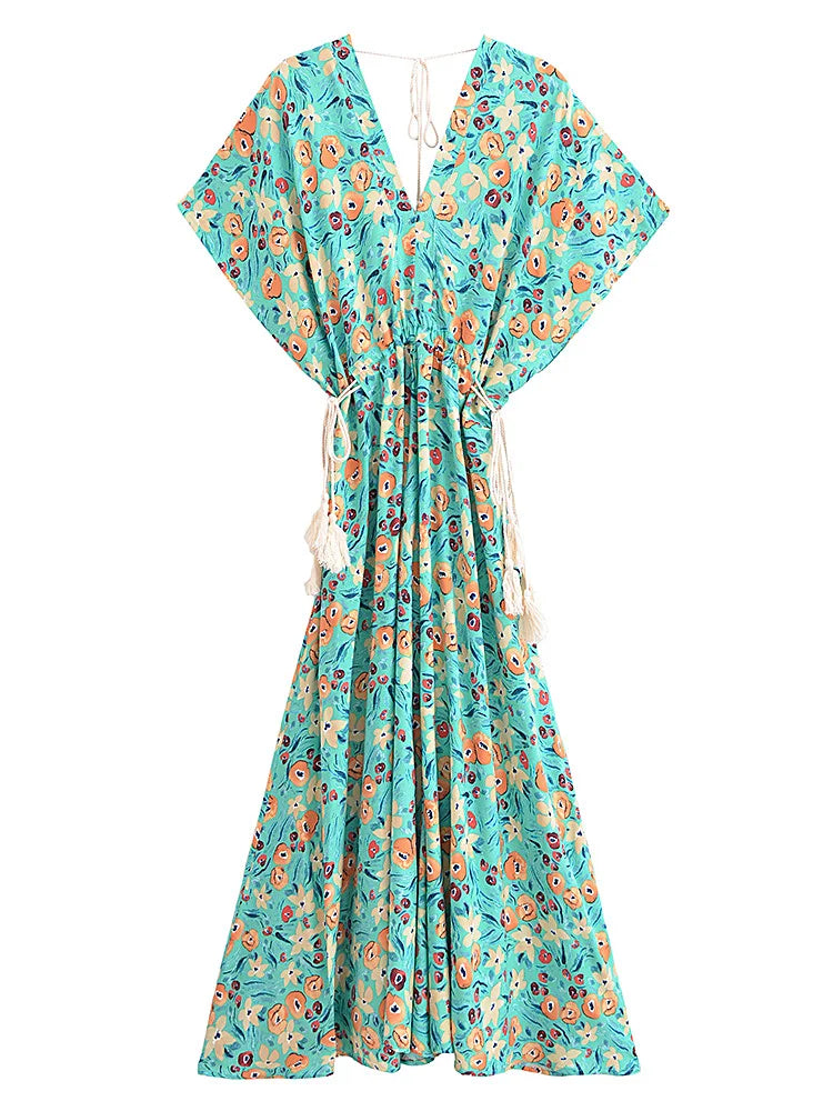 boho floral midi dress Evergreen Floral Boho Floral Print Midi Dress Green / S