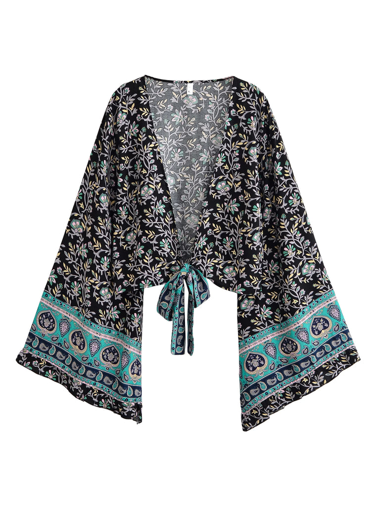 Navy Blossom Boho Floral Print Long Sleeve Crop Top