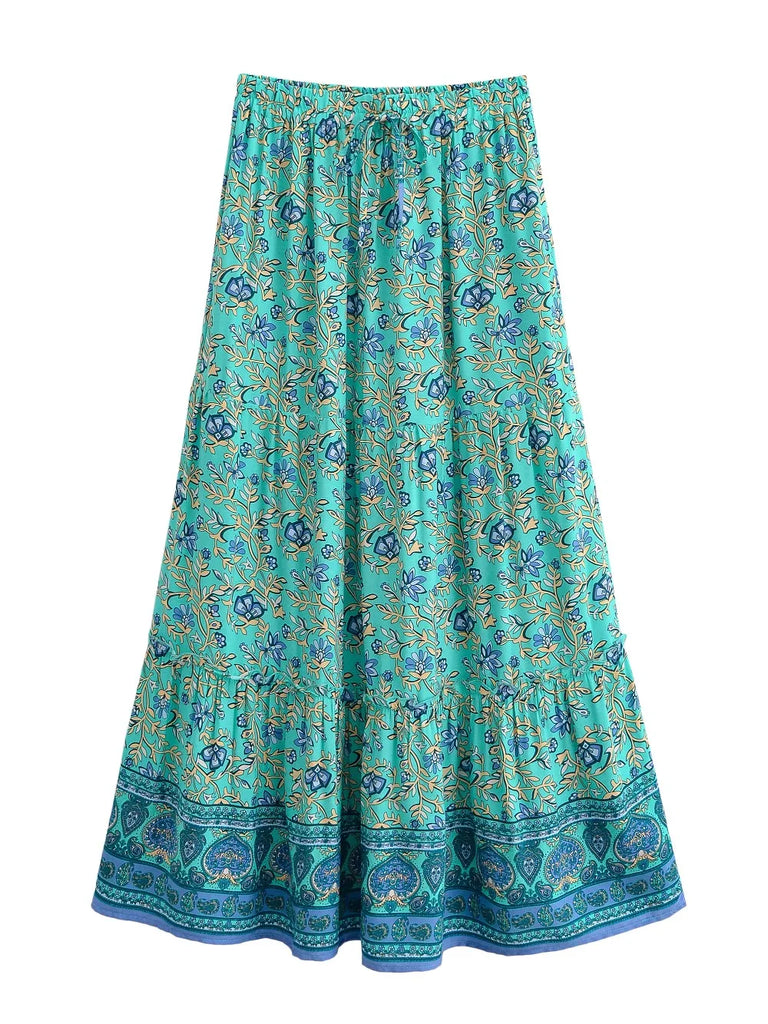 Lagoon Blossom Floral Print Boho Maxi Skirt