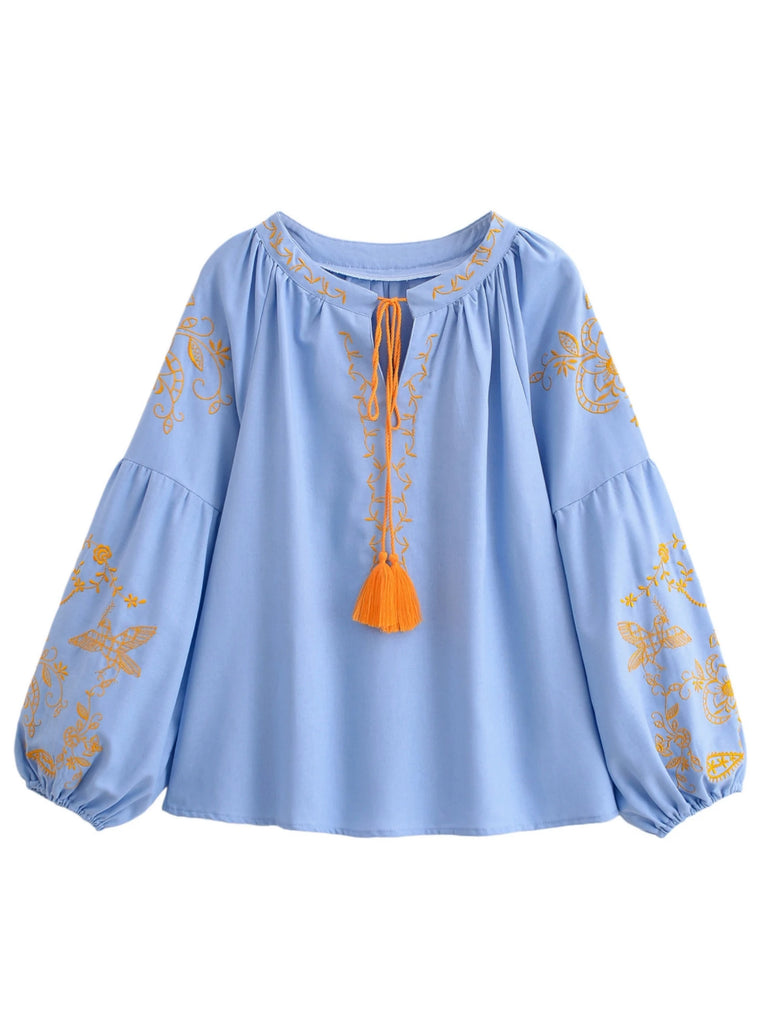 Blue Bird Floral Embroidered Long Sleeve Blouse
