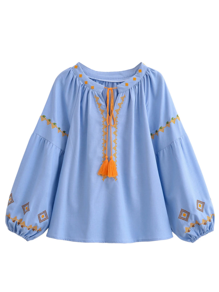 Light Blue Boho Embroidered Long Sleeve Blouse