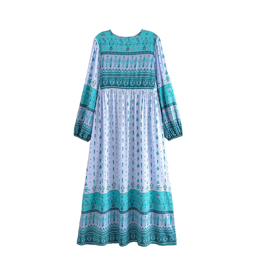 Ethereal Gypsy Feather Boho Floral Long Sleeve Maxi Dress Blue / S