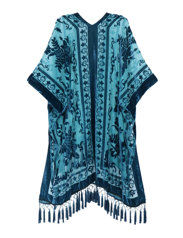 Teal Dream Floral Print Velvet Burnout Kimono