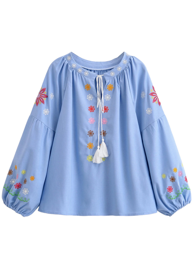 Light Blue Bloom Embroidered Long Sleeve Blouse