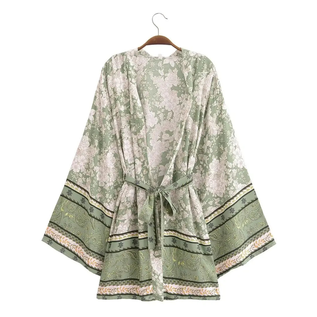 Sagewood Bloom Boho Floral Print Short Robe