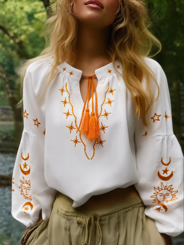 Starlight Luna Sol Embroidered Long Sleeve Blouse