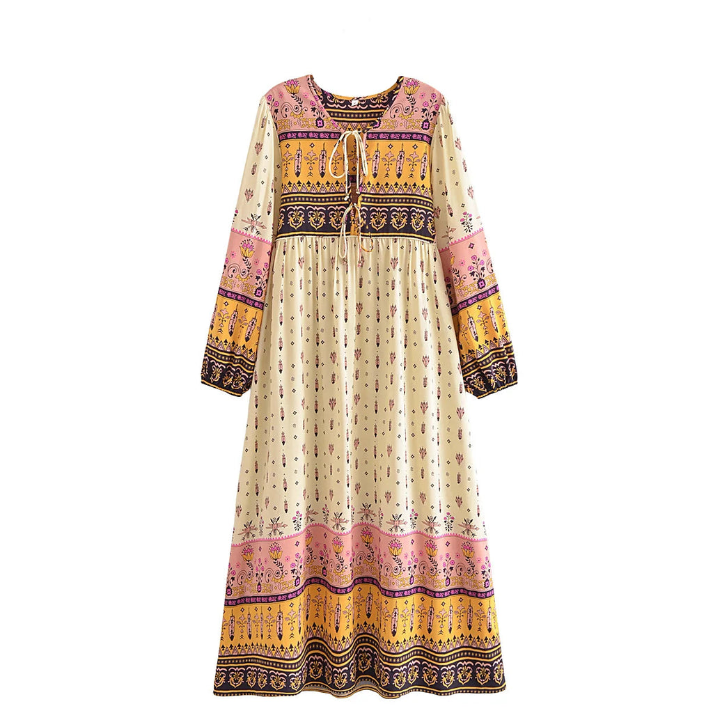 Gypsy Feather Boho Floral Print Long Sleeve Maxi Dress Queen Boheme Gypsy Feather Boho Floral Print Long Sleeve Maxi Dress Queen Boheme