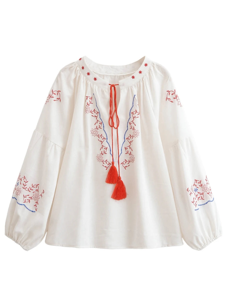 White Floral Embroidered Long Sleeve Blouse