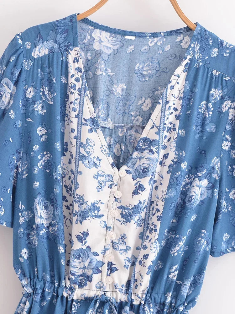 Cottage Blue Boho Floral Print Mini Dress Blue / M