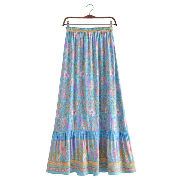 Blue Hibiscus Floral Print Boho Maxi Skirt