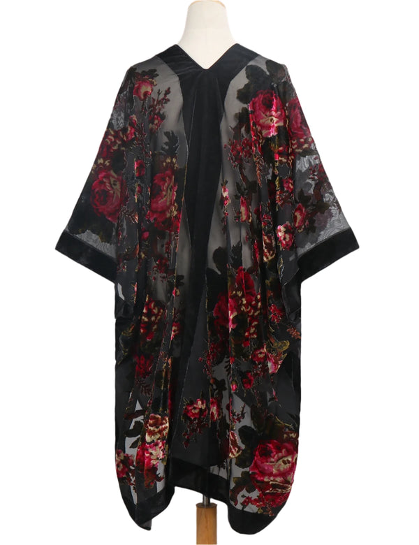 Black Rose Floral Print Velvet Burnout Kimono