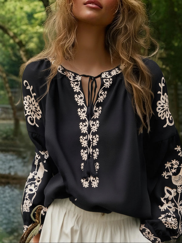 Midnight Songbird Floral Embroidered Long Sleeve Blouse