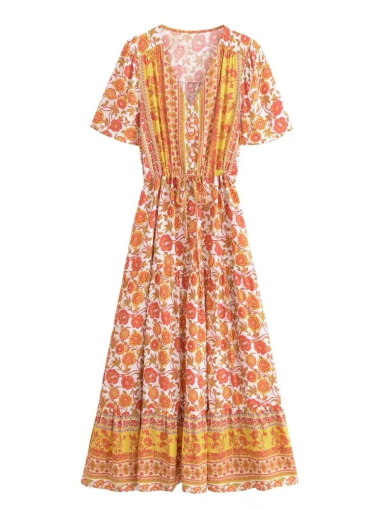 Marigold Orange Boho Floral Print Maxi Dress Yellow / L
