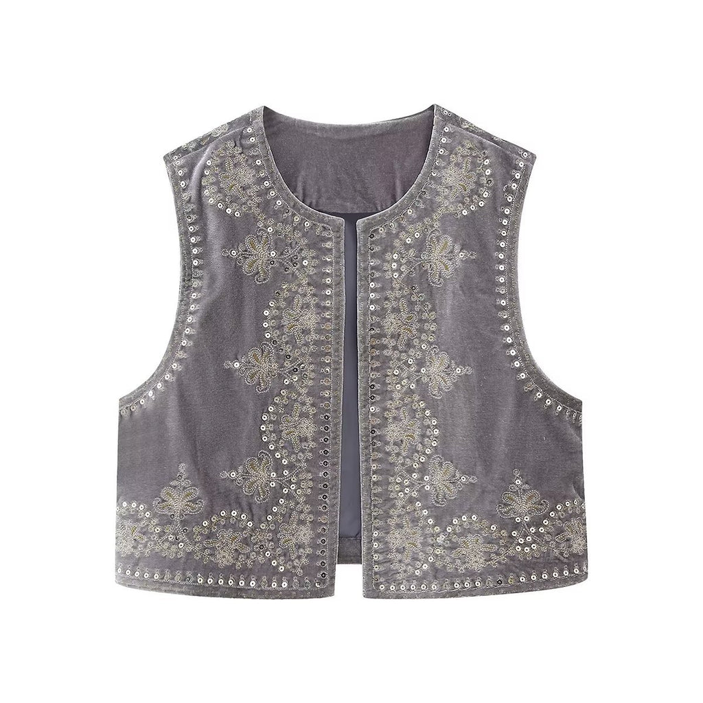 Taupe Boho Sequin Embroidered Vest