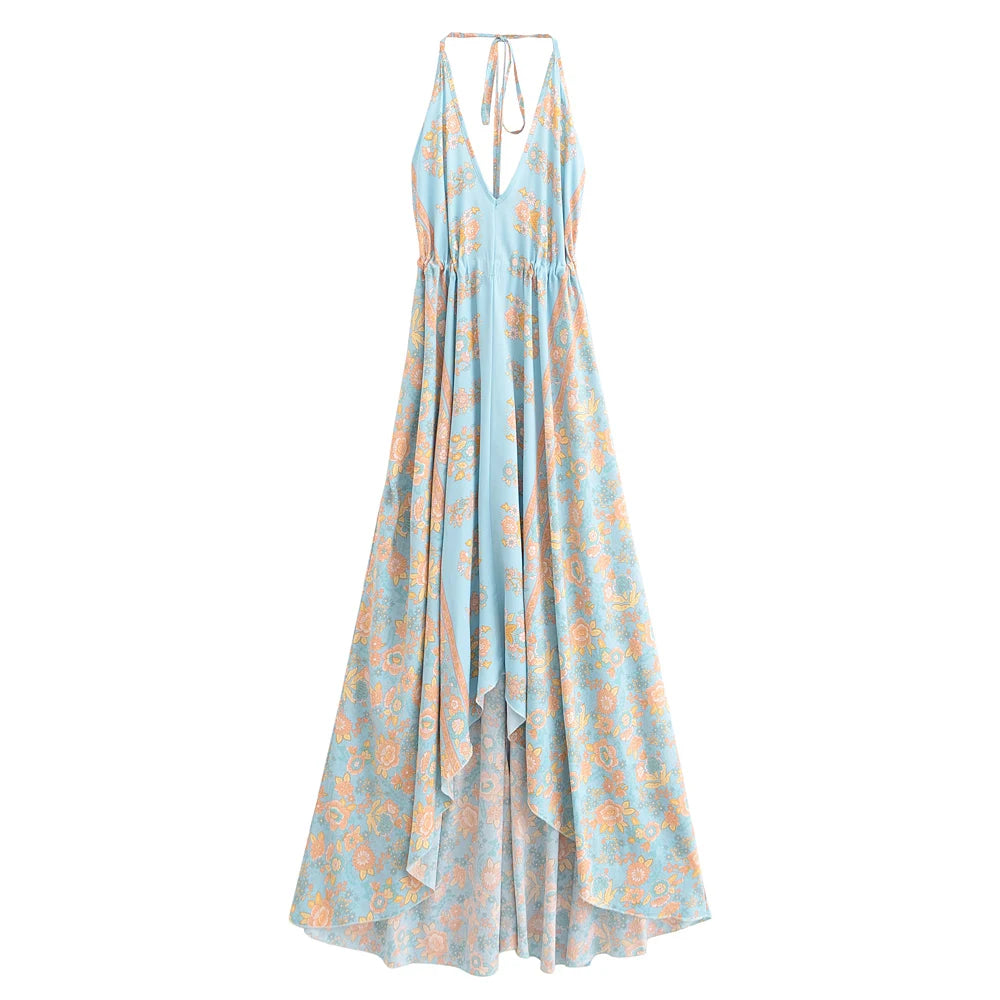 Enchanted Blue Boho Floral Print Maxi Dress Light Blue / S Enchanted Blue Boho Floral Print Maxi Dress Light Blue / S