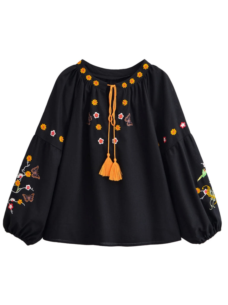 Black Butterfly Floral Embroidered Long Sleeve Blouse