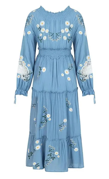 Blue Blossom Floral Embroidered Maxi Dress