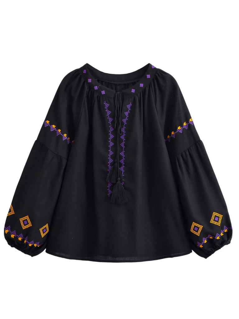 Black Boho Embroidered Long Sleeve Blouse