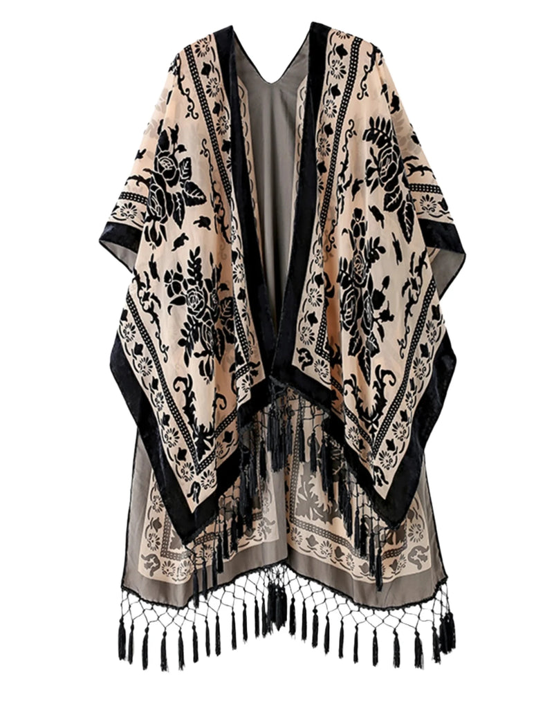 Ebony Bloom Floral Print Velvet Burnout Kimono