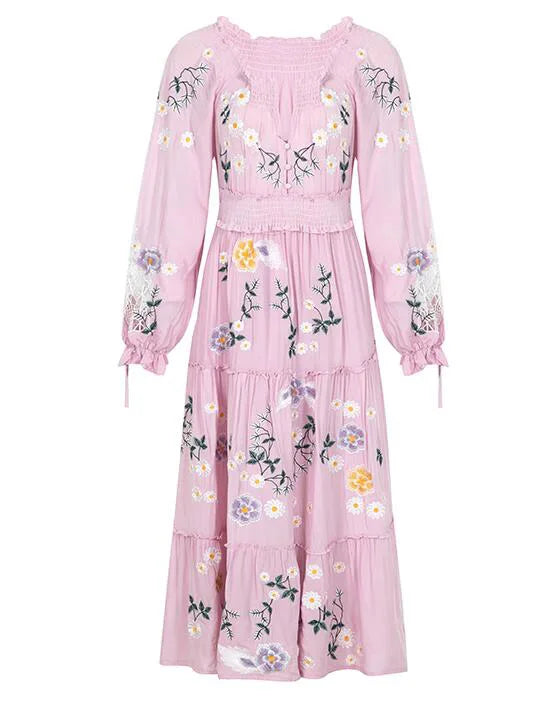 Pink Lilac Blossom Floral Embroidered Maxi Dress – Queen Boheme