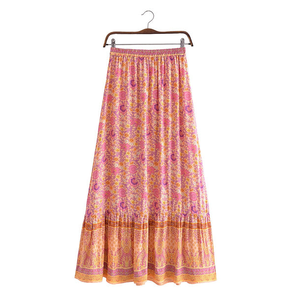 Sweet Orange Boho Floral Print Maxi Skirt