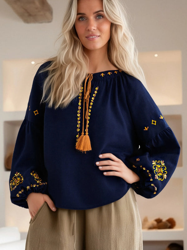 Navy Folk Embroidered Long Sleeve Blouse