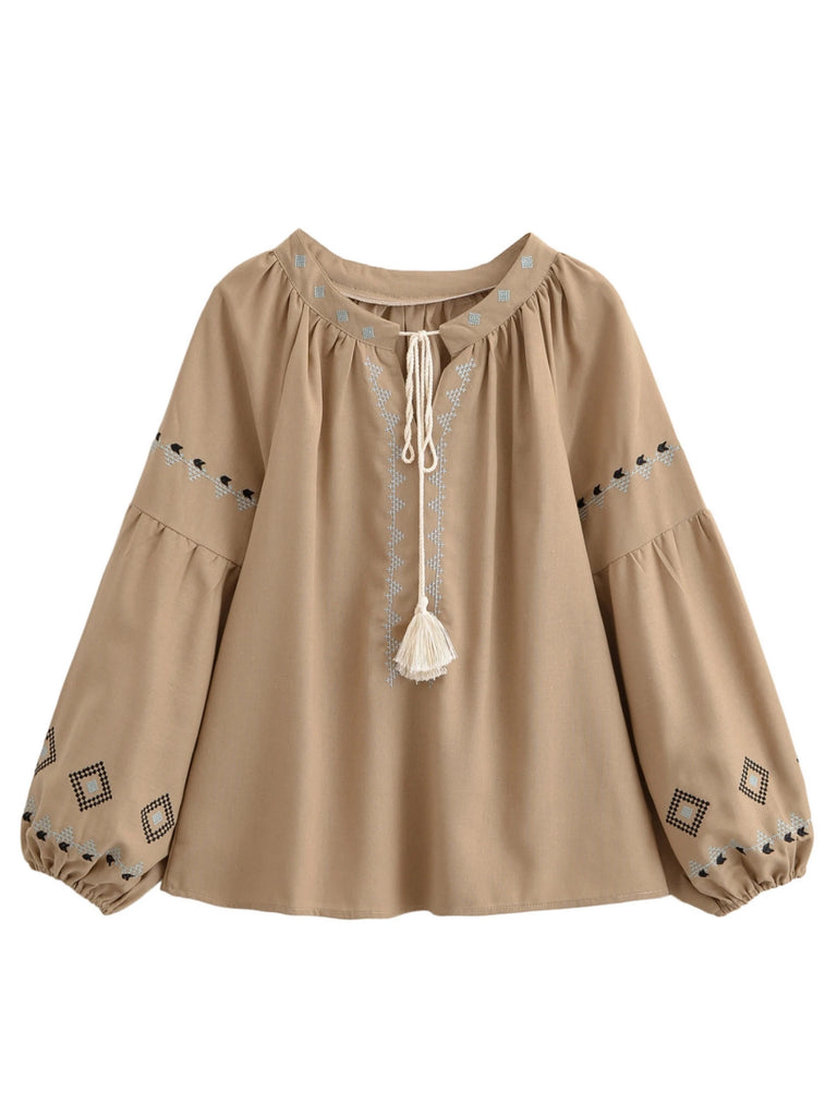 Sand Boho Embroidered Long Sleeve Blouse