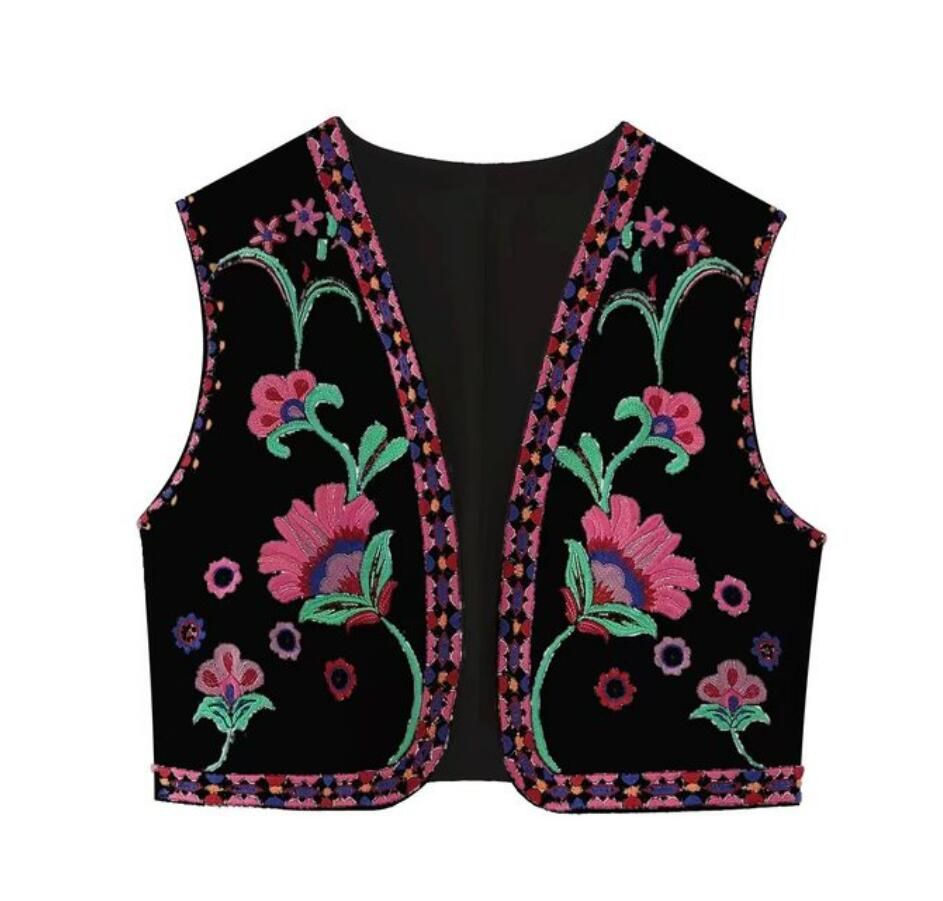 Black Blooms Boho Floral Embroidered Vest