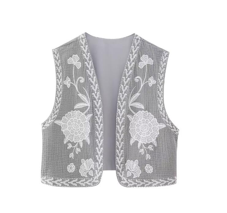 Gray Blooms Boho Floral Embroidered Vest